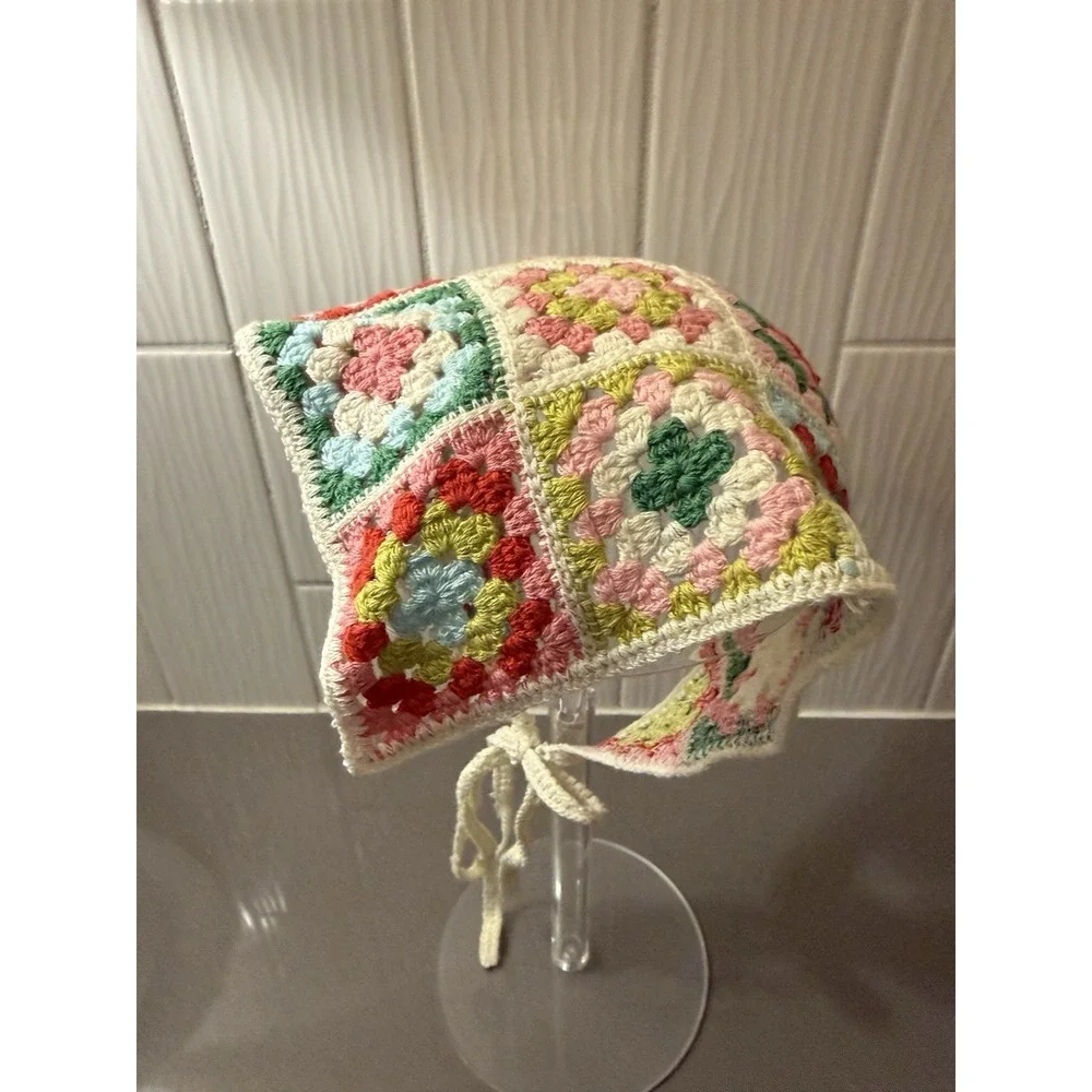 Handmade Crochet Granny Square Bandana Kerchief Scarf Cottagecore Boho Tie Back